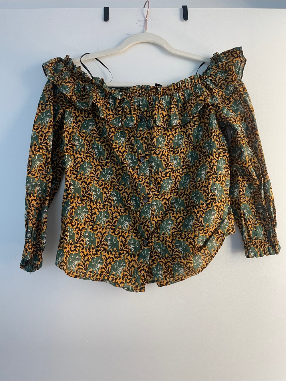J. Crew Green and Mustard Off-Shoulder Floral Blouse
